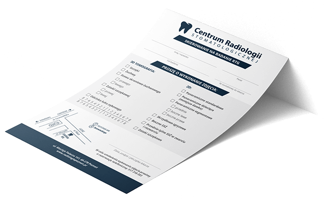 <p>Zachęcamy do pobrania skierowania i wizyty w naszym Centrum Radiologii Stomatologicznej w celu wykonania zdjęcia. Skierowanie można pobrać poniżej w wersji PDF.</p><p><strong>Skierowanie musi być WYDANE PRZEZ LEKARZA PROWADZĄCEGO.</strong></p> 